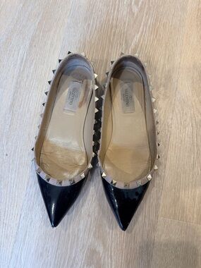 Valentino Black Patent Pointed Toe Rockstud Flats with Nude Trim